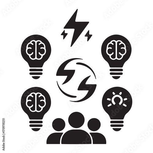 Light bulb brain ideas and team collaboration icons