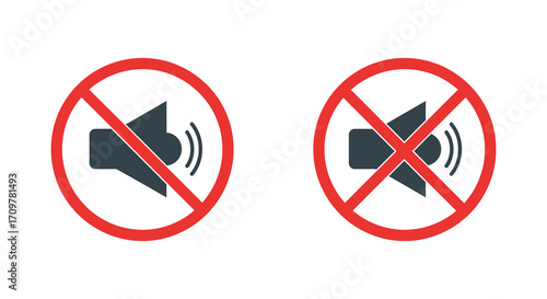 Two red prohibition signs depicting a silenced speaker and crossed sound