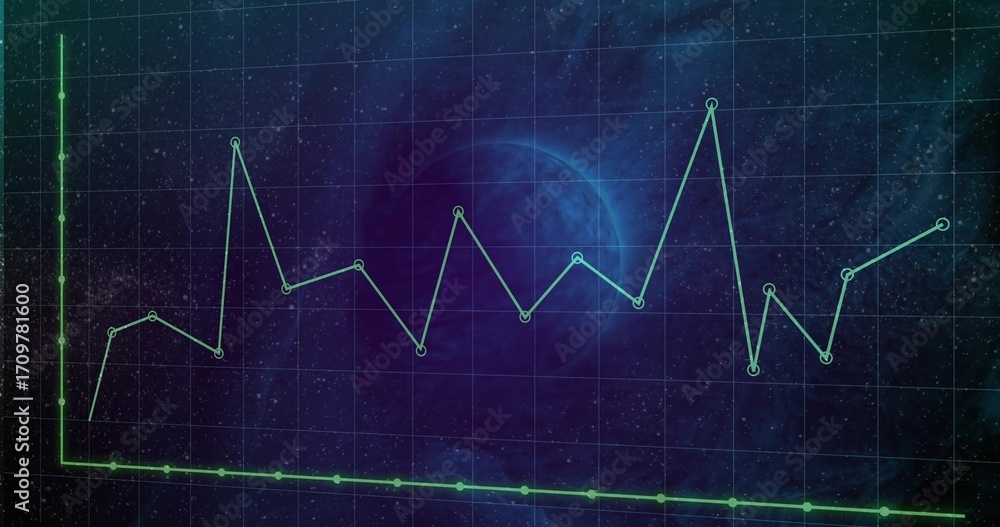 Obraz premium Plotting two lines showing green, teal circular markers on space grid axes, with stars, blue planet