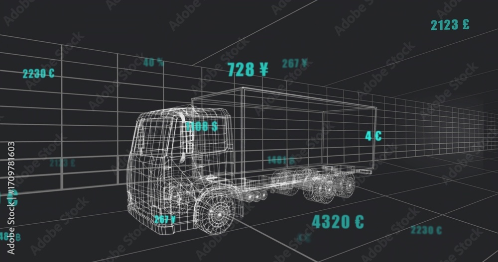 Obraz premium Rotating wireframe semi-trailer truck model floating in grid, displaying turquoise currency values