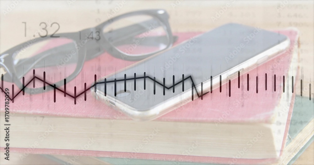 Naklejka premium Showing study desk holding red hardcover book, eyeglasses and smartphone, data overlay, copy space