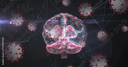 Obraz na plátně Floating brain hologram linking 3D virus models in virtual space, with neon-blue