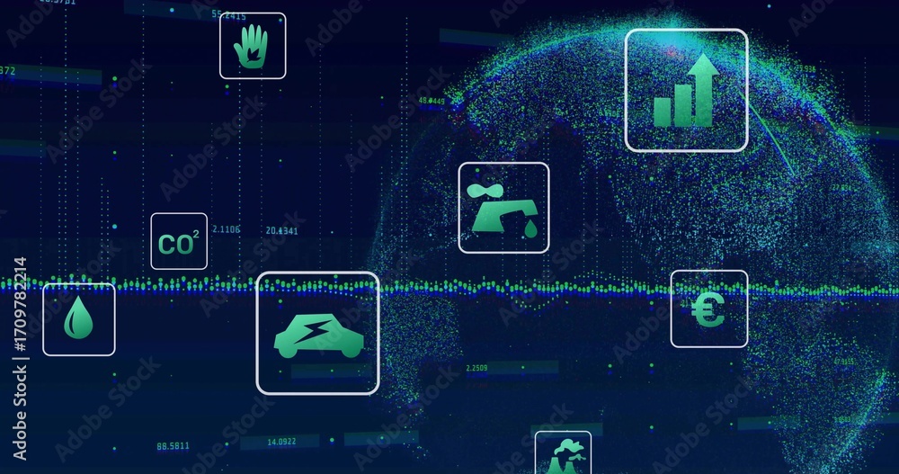 Fototapeta premium Displaying pixelated globe in blue data visualization, featuring CO? symbol and electric car icon