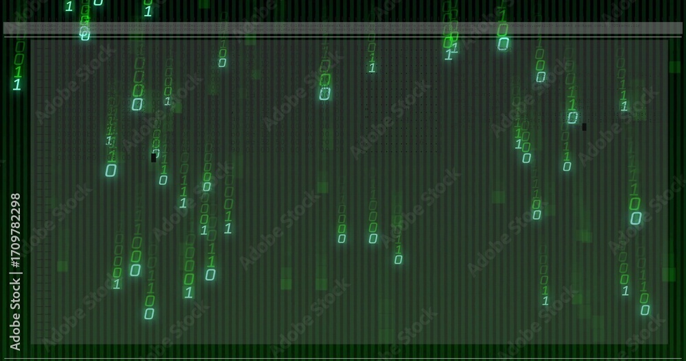 Obraz premium Flowing glowing green binary digits cascading over dark grid backdrop, with digital rain effect