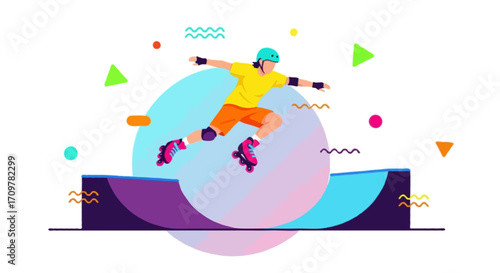 Flat vector illustration of a faceless rollerblader gliding in a skate park