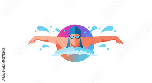 Flat vector illustration of a faceless swimmer doing butterfly stroke
