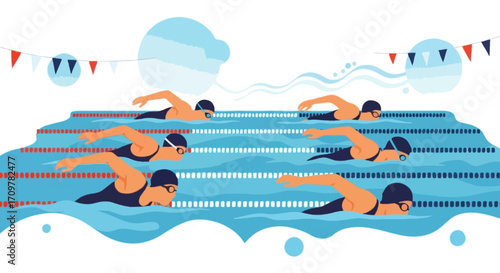 Flat vector illustration of several faceless swimmers competing in different lanes of a pool