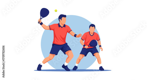 Flat vector illustration of two faceless padel players in action on a court