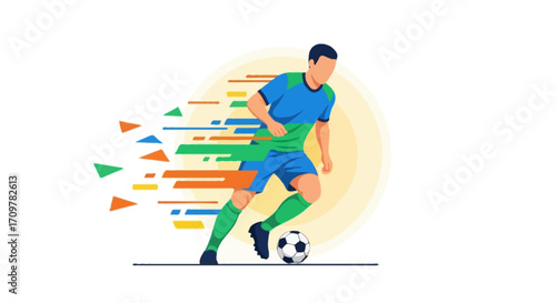 Flat vector illustration of a faceless soccer athlete dribbling the ball