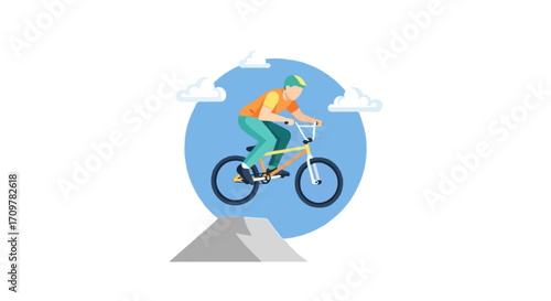 Flat vector illustration of a faceless BMX cyclist jumping off a ramp