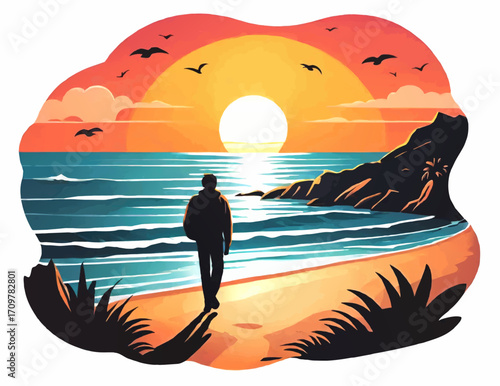 sunset on the beach with walking man cartoon vector illustration
