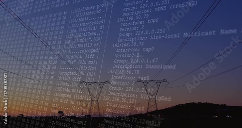 Displaying transmission towers and power lines over hillside at dusk, with network log overlay