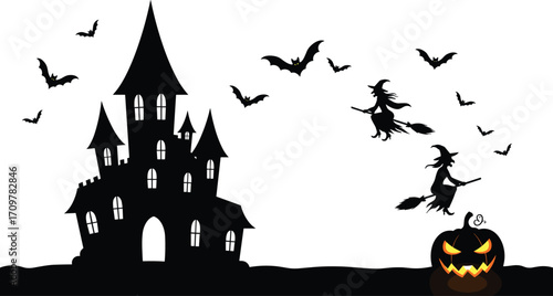 Halloween haunted castle with flying witches, bats, and glowing jack-o'-lantern pumpkin spooky scene vector illustration design.
