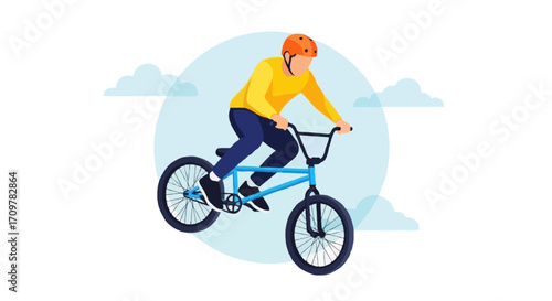 Flat vector illustration of a faceless BMX rider performing a freestyle trick in the air
