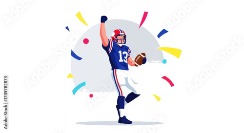 Flat vector illustration of a faceless American football player celebrating a touchdown