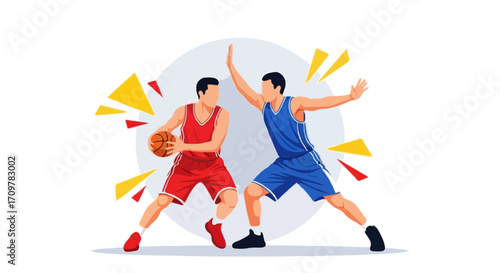 Flat vector illustration of two faceless basketball players competing during a match, one defending and one attacking