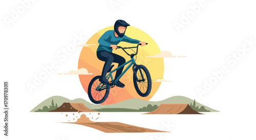 Flat vector illustration of faceless BMX rider performing dirt jump in an extreme sports event