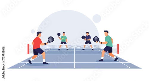 Flat vector illustration of four faceless padel players in a doubles match inside a padel court