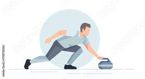 Flat vector illustration of a faceless curling player sliding a stone on the ice