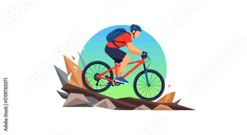 Flat vector illustration of a faceless cyclist on a mountain bike riding downhill