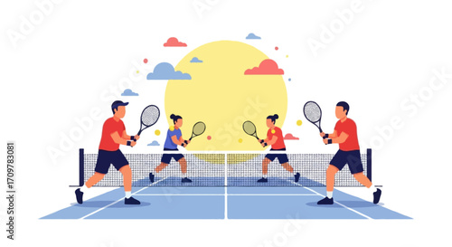 Flat vector illustration of two faceless tennis players in a doubles match on a simple tennis court