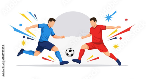 Flat vector illustration of two faceless soccer players competing for the ball during a match
