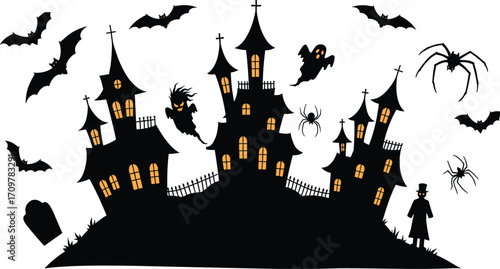 Halloween haunted house illustration with spooky ghosts, flying bats, giant spiders, creepy graveyard, cobwebs, scary night atmosphere and dark silhouette