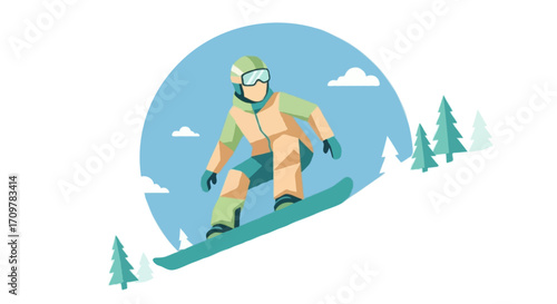 Flat vector illustration of faceless snowboarder riding downhill on snowy slope