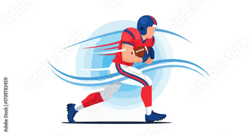 Flat vector illustration of a faceless American football player running with the ball