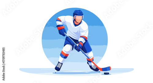 Flat vector illustration of faceless ice hockey player in action with stick and puck