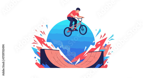 Flat vector illustration of a faceless BMX athlete doing a high jump on a halfpipe