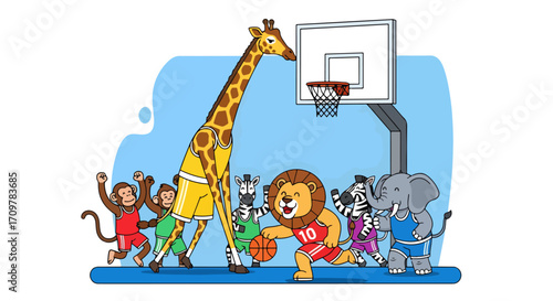 A team of cartoon safari animals, led by a dribbling lion and a towering giraffe, competes in a spirited and friendly game of basketball