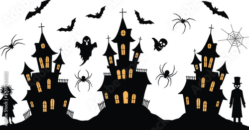 Halloween haunted house vector illustration with spooky ghosts, flying bats, creepy spiders, cobwebs, scary graveyard, evil spirits and dark night