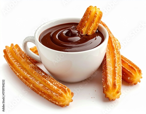 Delicious hot chocolate with freshly made churros dusted with sugar and cinnamon on a white background