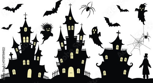 Halloween haunted house vector illustration with spooky ghosts, flying bats, creepy spider, cobwebs, dark night castle, graveyard and scary character