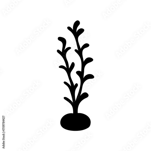 Stylized Black Silhouette of Seaweed or Aquatic Plant on a White Background