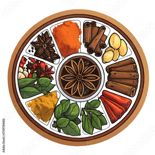 plate full of different spices vector illustration