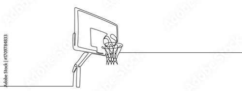 Continuous line of a basketball being thrown into a hoop. Simple line art doodle vector. Editable stroke.
