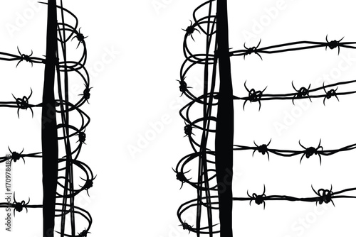 barbed wire coiled around a wooden fence.eps