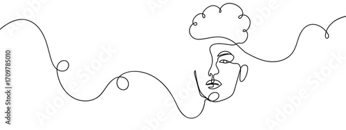 Continuous line of thinking person, simple art line, doodle vector, editable stroke.