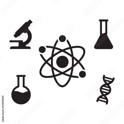 Science icons atom microscope D N A flask beaker research