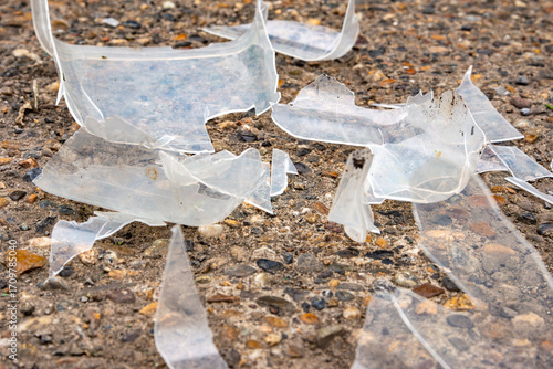 Fotografie Cracked Plastic Waste on Gravel Ground
