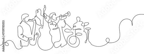 Continuous line of jazz band, simple line art doodle vector, editable stroke.