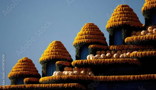 Floral architectural display, tiered structures of yellow flowers and blue trim
