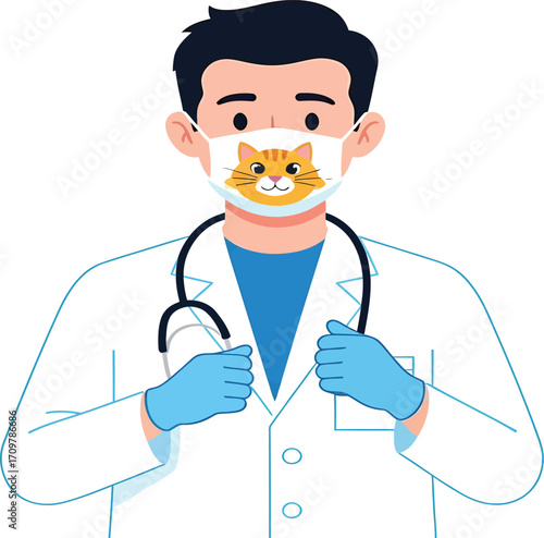 Vector, illustration, veterinarian with cat logo face mask, abstract background
