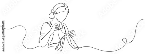 Continuous line of housewife sewing clothes. Simple line art doodle vector. Editable stroke.