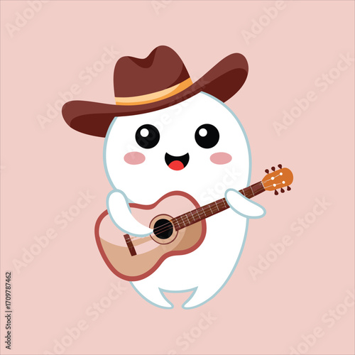 Cute Cartoon Ghost Playing Guitar with Cowboy Hat