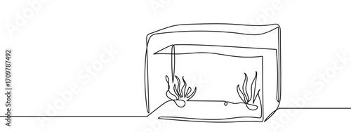 Continuous line of glass fish tank, simple line art, doodle vector, editable stroke.
