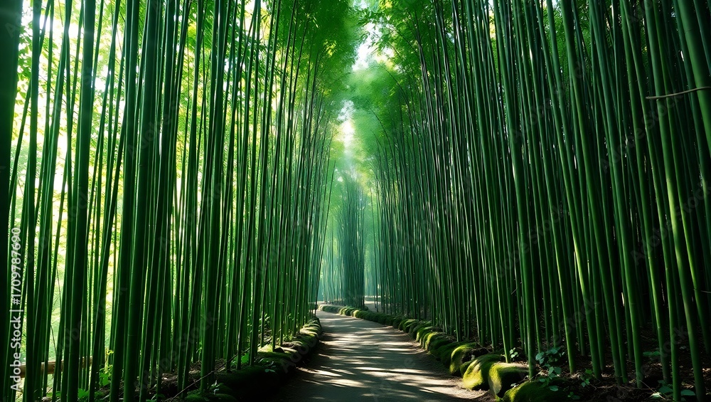 Fototapeta premium A sunlit path winding through a serene dense green bamboo forest grove in Arashiyama Kyoto.