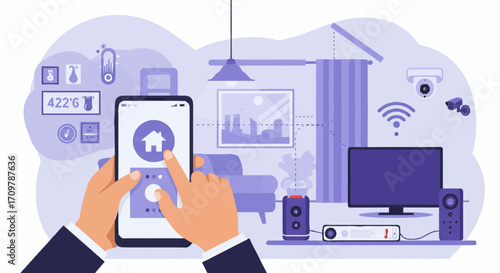 Digital control of a smart home system via mobile app, showcasing modern automation, connected devices, and convenient remote management for contemporary living spaces